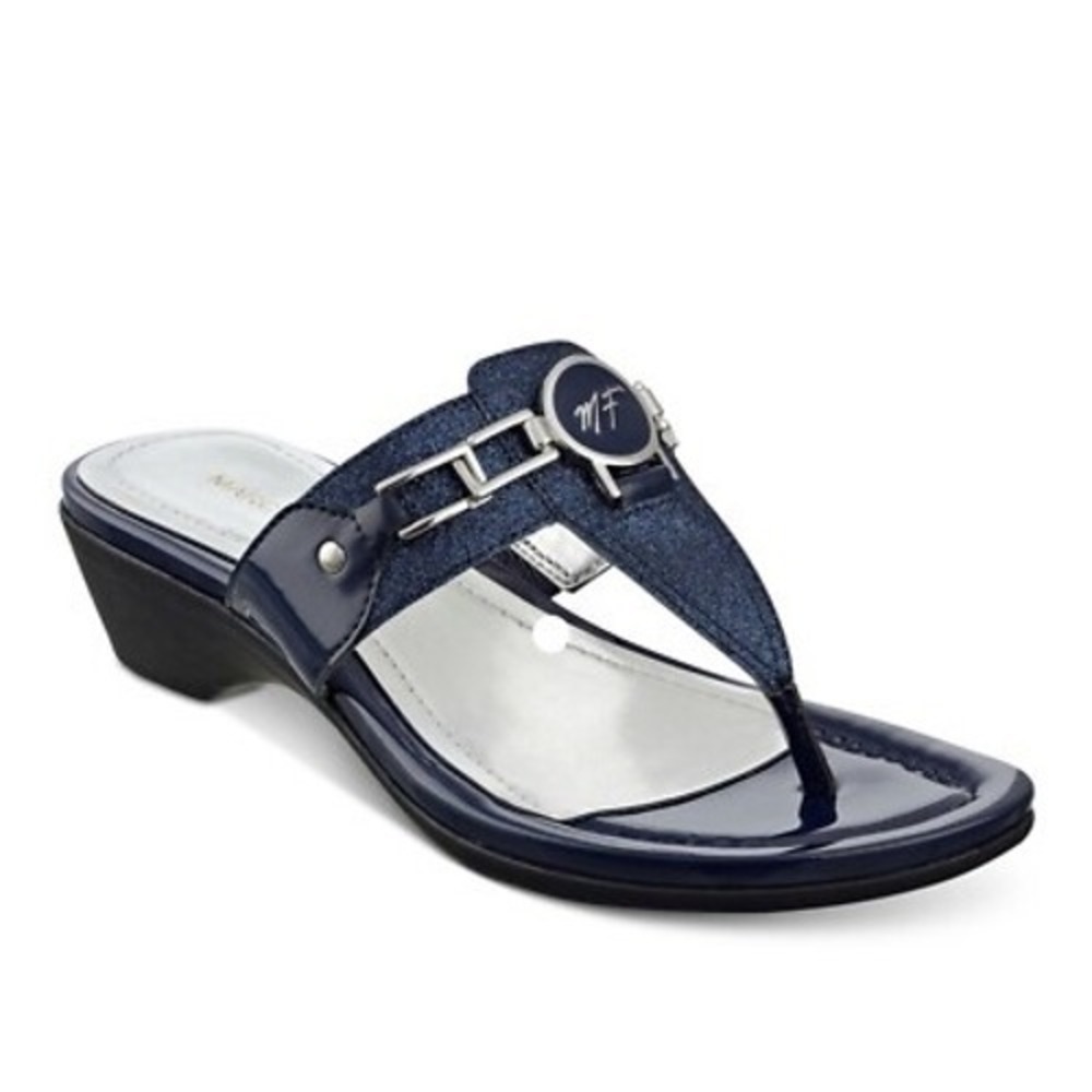 Marc Fisher Amina 2 Navy Blue Glitter Wedge Thong Sandals Womens 8M